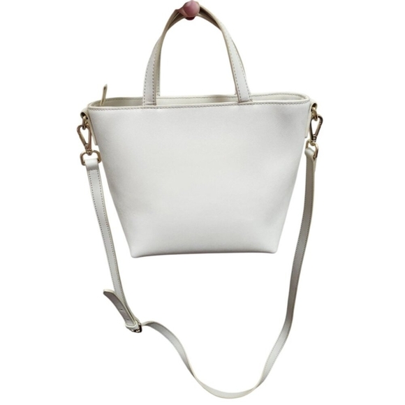 TDE White Structured Leather Tote Bag DT Logo Gold Hardware Crossbody Strap - Picture 3 of 15